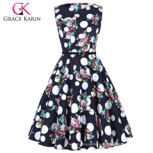 Grace Karin Plus Size Sleeveless Günstige Kurzweinlese Retro Blumenmuster Baumwollkleider 50s Kleid CL6086-53